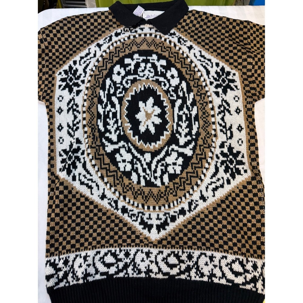 Gladys Bagley VTG 80s All Over Print Metallic Knit Top Black Gold Grandmacore